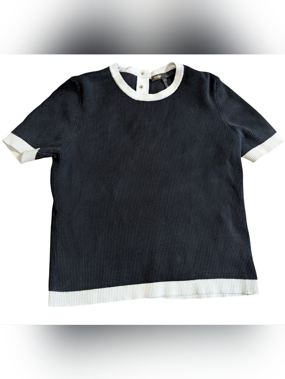 Maje Women's Knit Sweater Top Size 2/US S-M Black/White Trim Golder Buttons